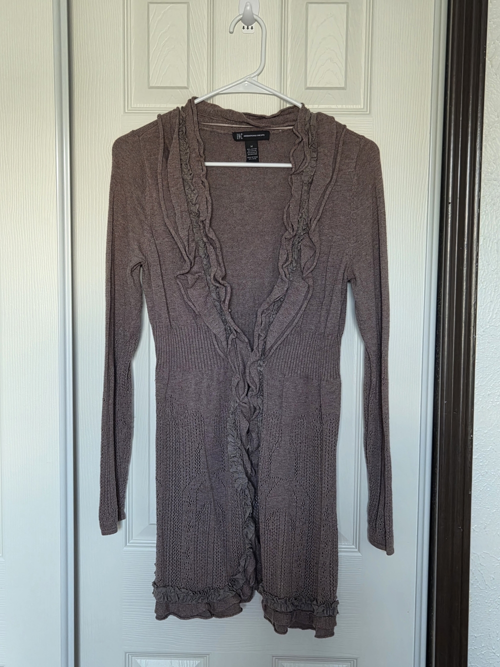 INC International Concepts Long Brown Ruffle-Trim Cardigan